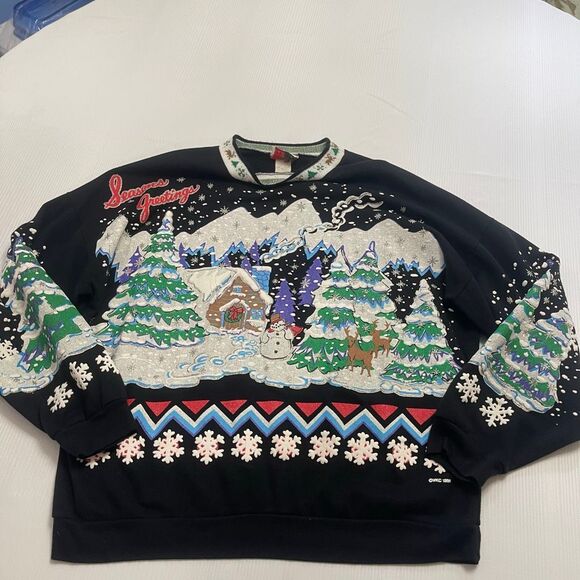 VTG Seasons Greetings Nutcracker Ugly Christmas Sweater 80s Sweatshirt Large - Picture 1 of 7